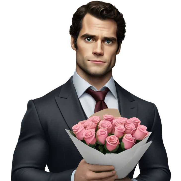 realistic photo of Henry Cavill holding roses and chocolates emoji