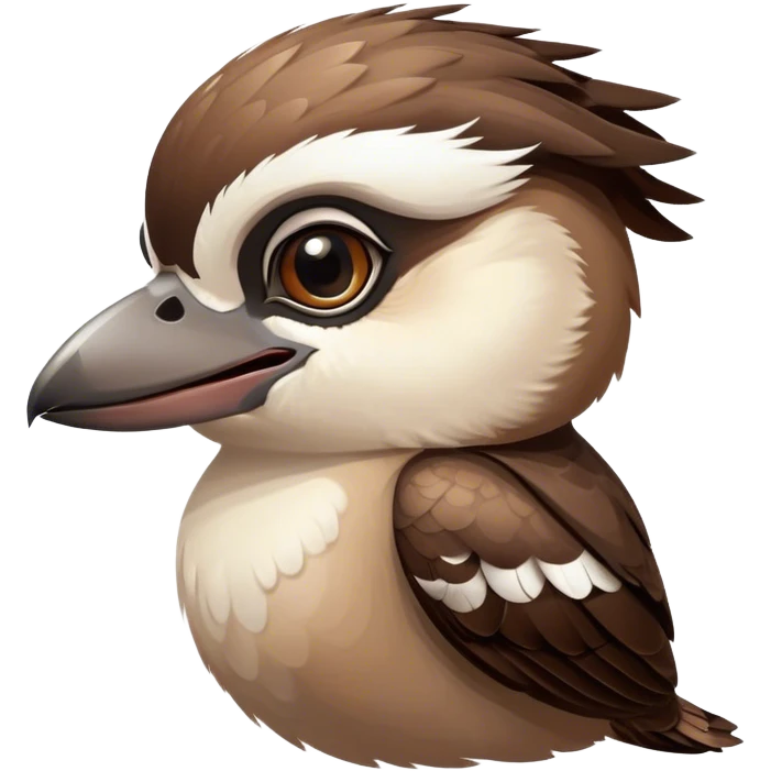 Cinematic Cute Kookaburra Portrait Emoji, Head tilted playfully and inquisitively, featuring a glossy brown plumage with subtle cream accents and a perky, expressive beak, round, sparkling eyes filled with curious mirth, Simplified yet irresistibly adorable features, highly detailed, glowing with a warm, friendly glow, high shine, affectionate and spirited, stylized with a touch of bushland whimsy, bright and endearing, soft glowing outline, capturing the essence of a mischievous yet loving kookaburra, so playful it feels like it could chuckle out of the screen into your arms! emoji
