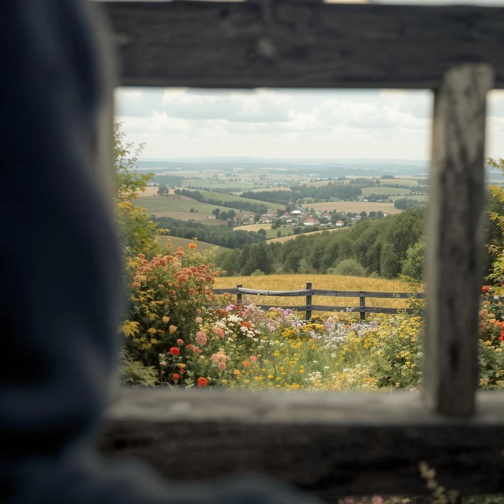 "Two shot" of a person in the foreground, blurred plants in the foreground (frame within a frame), a wooden fence and colorfull flowers in the midground, Poland, rolling hills in the background, cinematic depth of field, layered composition, natural lighting emoji