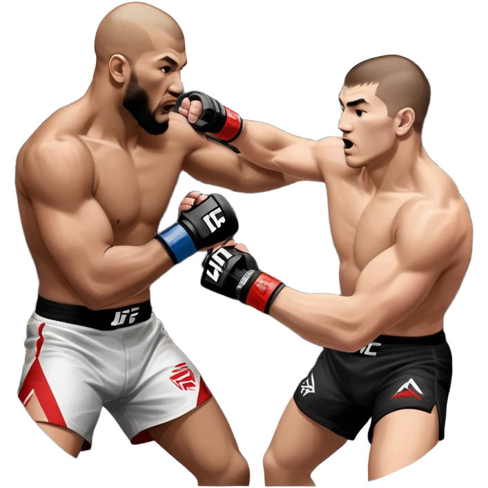 wo MMA fighters in the octagon, one delivering a strong punch while the other defends with a guard. The background shows the UFC octagon with the crowd in the distance. Transparent background emphasizes the dynamic intensity and skill of mixed martial arts. emoji