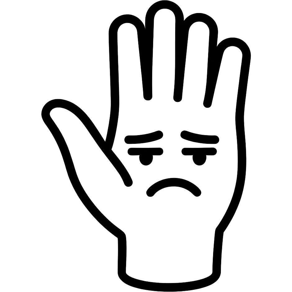 modern and clear line art emoji of a hand with back facing forward and fingers slightly open, with a slightly sarcastic facial expression, symbolizing 'nah' emoji