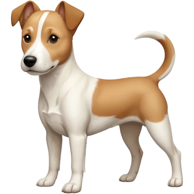 a full body facing front on of a buff white beagle cross jack russell terrier looking dog the size of a kelpie with light brown long ears resting on its face and a light brown patch above one eye and a large snout. the rest of the dog is completely white.  emoji