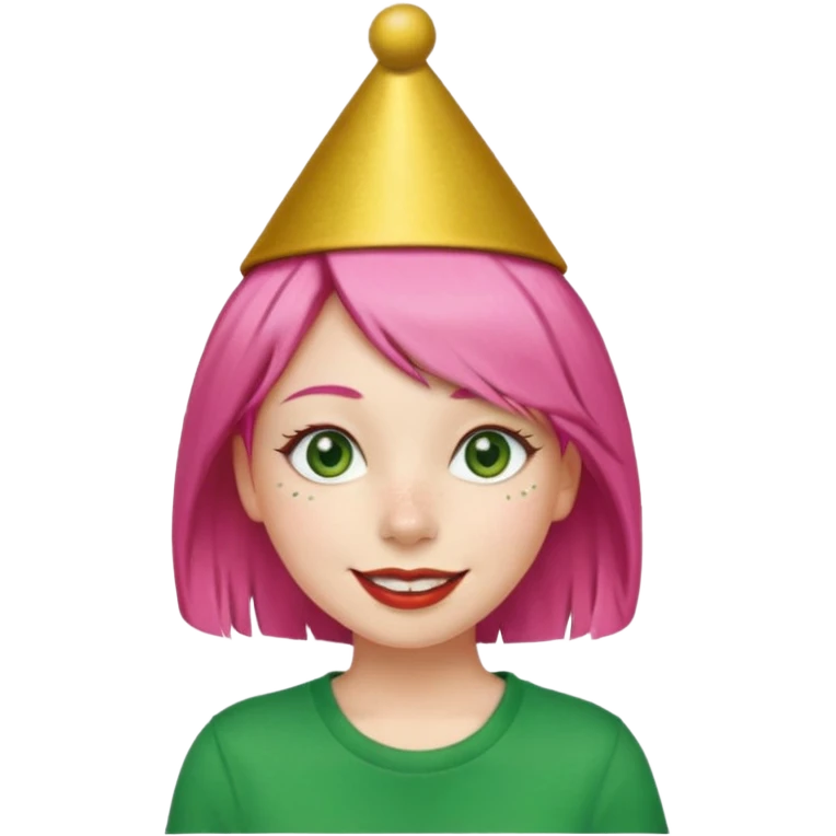 Create a girl with pink hair and green eyes with long eyelashes and a smiley face. She has freckles in her face and a lit of bit of lipstick on her mouth, she’s also got gold birthday hat on her head with gold pom poms on top of it, and her T-shirt is red emoji