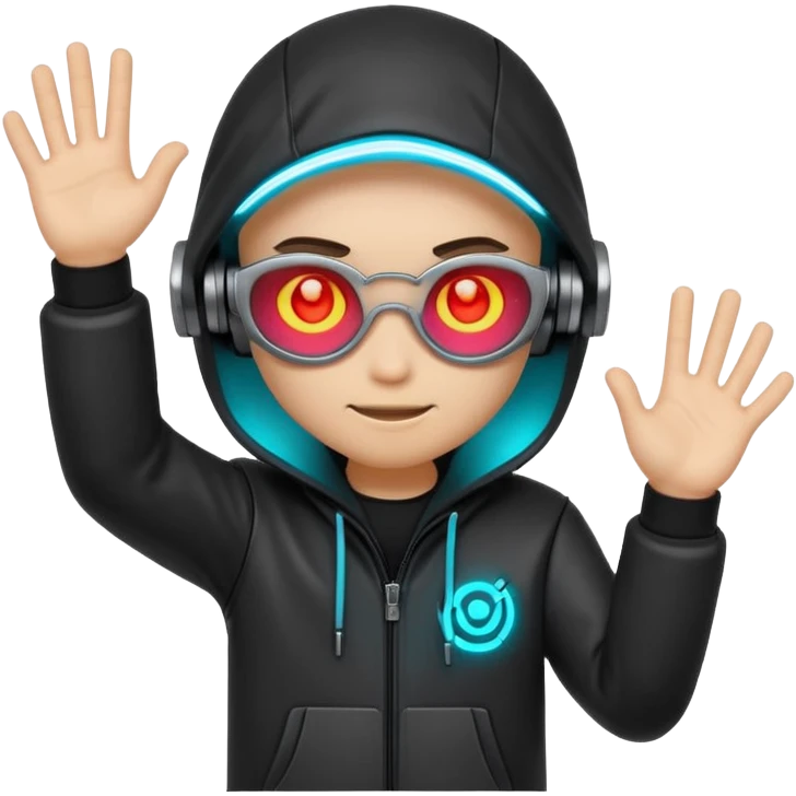 Chibi cyberpunk hacker emoji with glowing eyes, shaking head “no” and waving stop hand, friendly anti-scam message, text “NO SCAMS”, smooth looping animated sticker, bright neon colors, transparent background, Discord emoji style. emoji