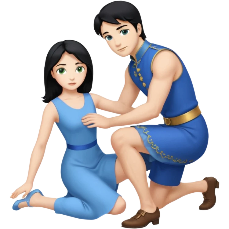 prince, upright, black Hair, blue eyes, blue garment,  Woman, blonde Hair, Green eyes, bending knee, sleveless, white Dress, emoji
