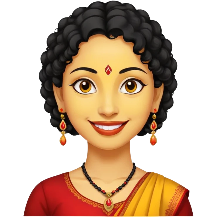 "- Phụ nữ
- 35 tuổi
- Da vàng
- Tóc đen xoăn nhẹ
- Có chấm đỏ Bindi, đeo khuyên tai
- Mặt cười
" emoji