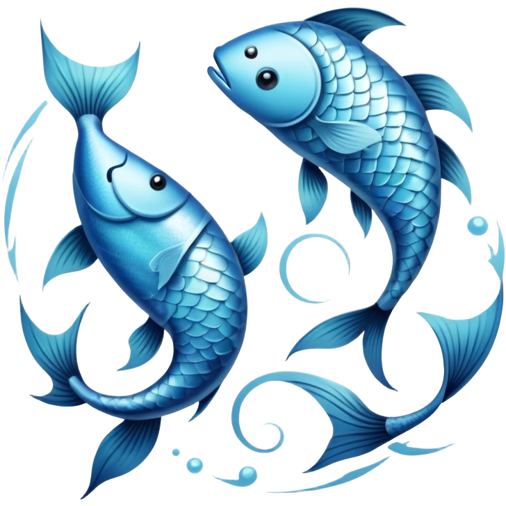 The zodiac symbol Pisces. Two fish in a “yin-yang” formation. One fish’s head is facing the other fish’s tail, and vice versa forming a hoop emoji