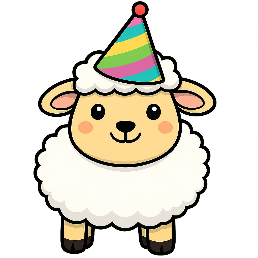 Add a colorful party hat to the silly sheep. Keep the background transparent. emoji