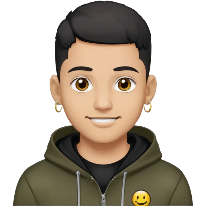 man with black military haircut, brown eyes, wearing 2 circle earrings and a black hoodie with a smiley face emoji
