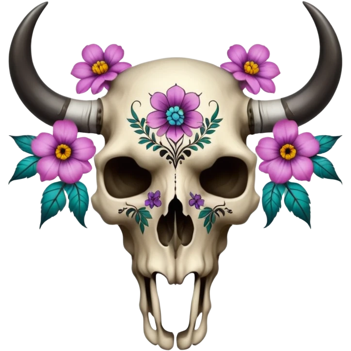 Aesthetic tattooed bull skull cranium with flowers, black painted pattern markings  emoji