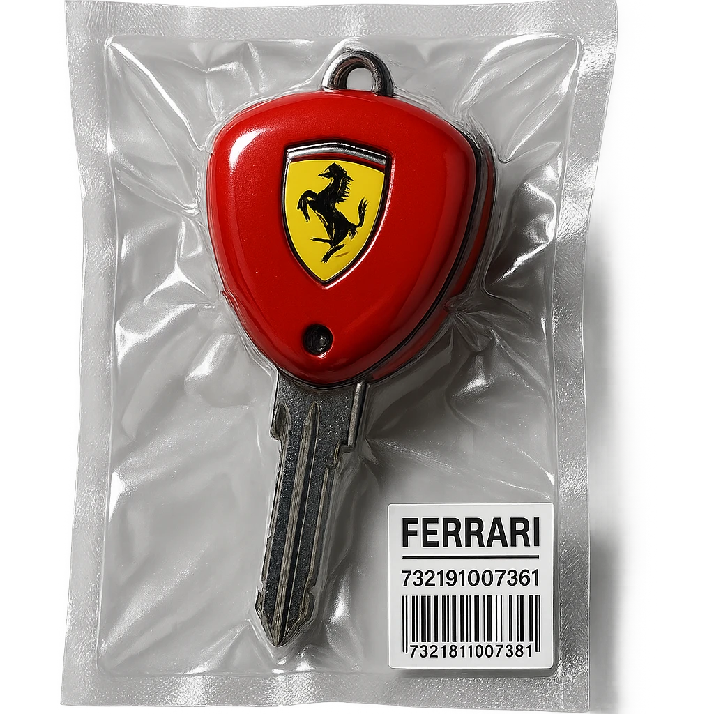 classic Ferrari car key, red, chrome details, Ferrari logo, glossy emoji