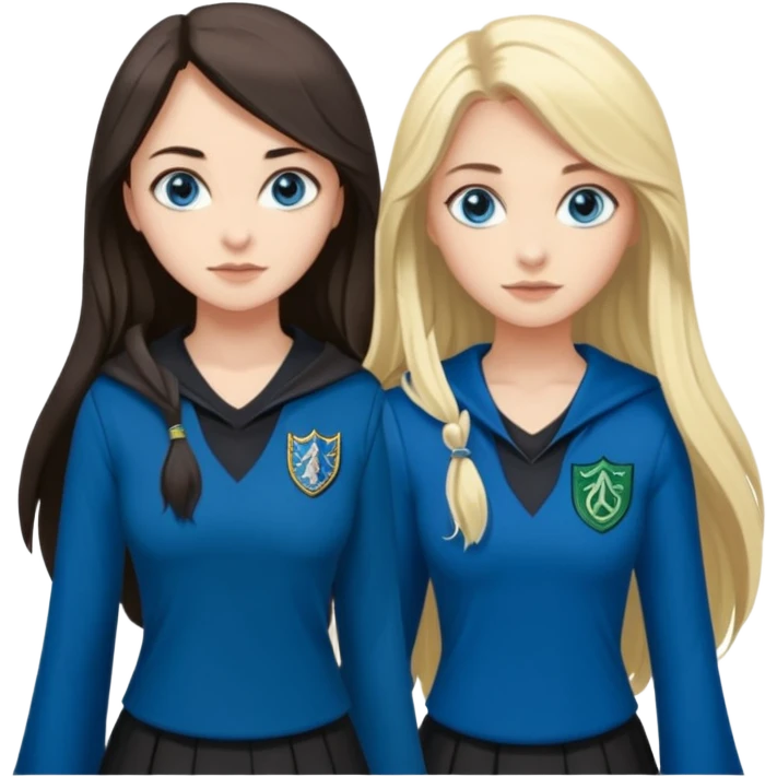 a pretty ravenclaw girl with long dark brown hair and blue eyes standing with a hot Slytherin girl with long blonde hair, blue eyes and big boobs  emoji