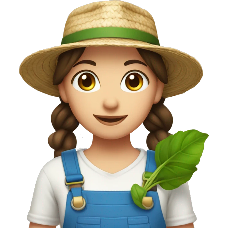 farmer girl, bright blue eyes, dark brown hair, with a straw hat, ponytail, holding greens emoji