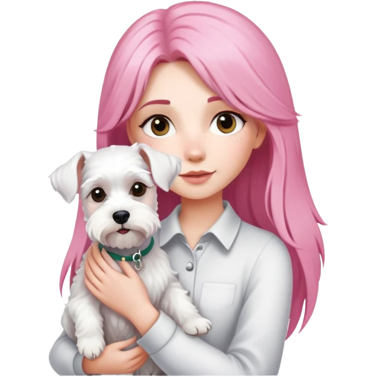 Girl with long pink hair holding a white schnauzer dog emoji