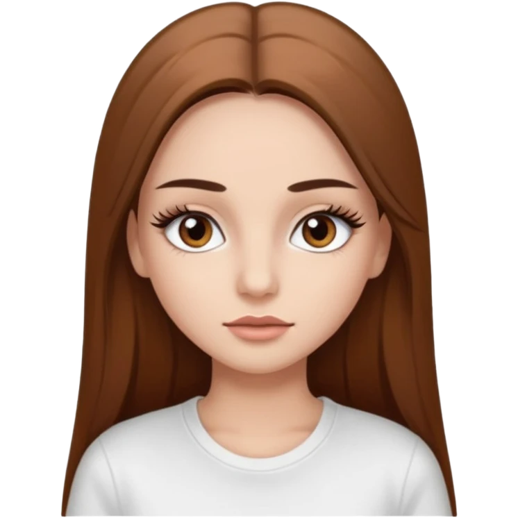 Chica de pelo liso ,largo clean look  y marrón con ojos color marrón  y una camiseta blanca y la piel blanca con pestañas y maquillada clean look  emoji