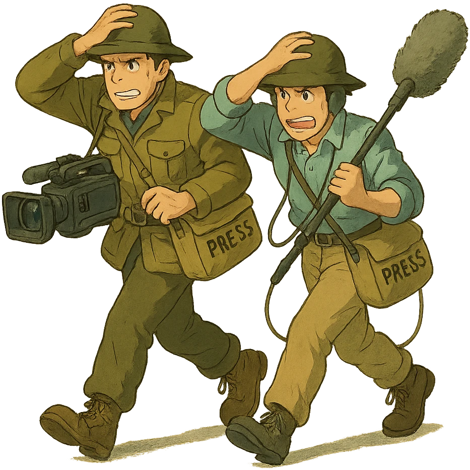  walking from left to right across frame: a cameraman, and a microphone operator, ONLY two people, war correspondents, tense moment, BOTH HOLDING ONTO THEIR HAT! emoji