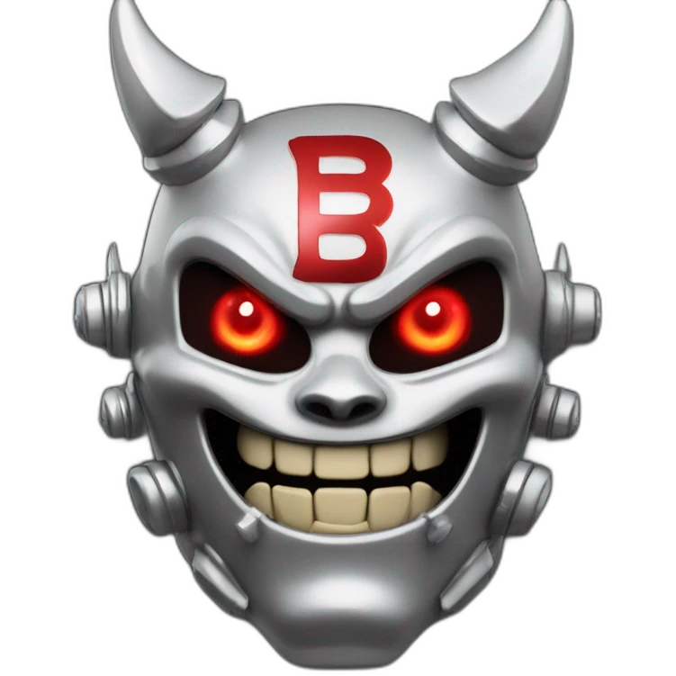 chrome demon with red lazer eyes, white teeth and letter B on the face, 3d, portrait, black background emoji