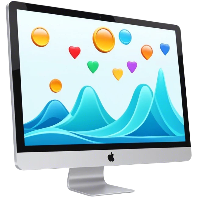 Animation and motion design. A computer screen with an animation timeline, moving frames. Display a cartoon or animated scene on the screen. Include motion design elements like flowing lines, curves, or rotating objects. Modern, creative colors. No emojis or smiley faces. Transparent background. emoji