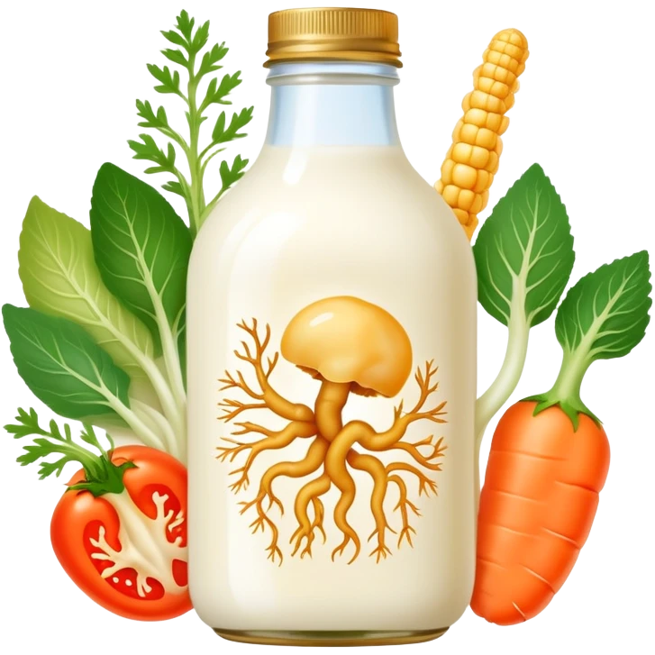 Probiotic foods (yogurt, kefir, kombucha bottle, miso, kimchi, sauerkraut) surrounding a glowing intestinal system. Tiny beneficial bacteria represented as golden particles flow between the foods and the intestine, creating a garden-like ecosystem of inner harmony and health. emoji