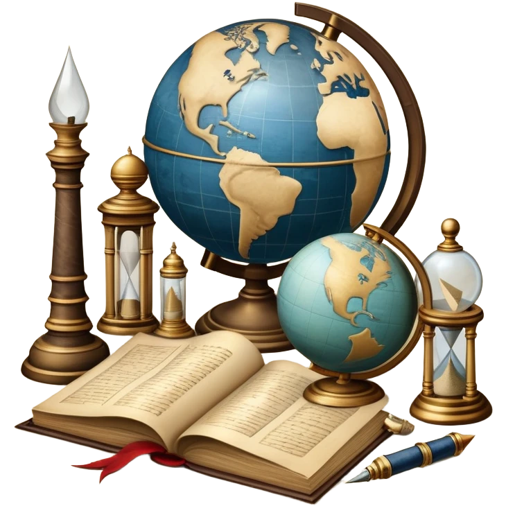 An icon featuring ancient scrolls, a quill pen, and large, old-fashioned sand clocks, symbolizing the study of history. The design includes a globe and a timeline with significant historical events, set against ruins to evoke past civilizations. Transparent background highlights the passage of time. emoji