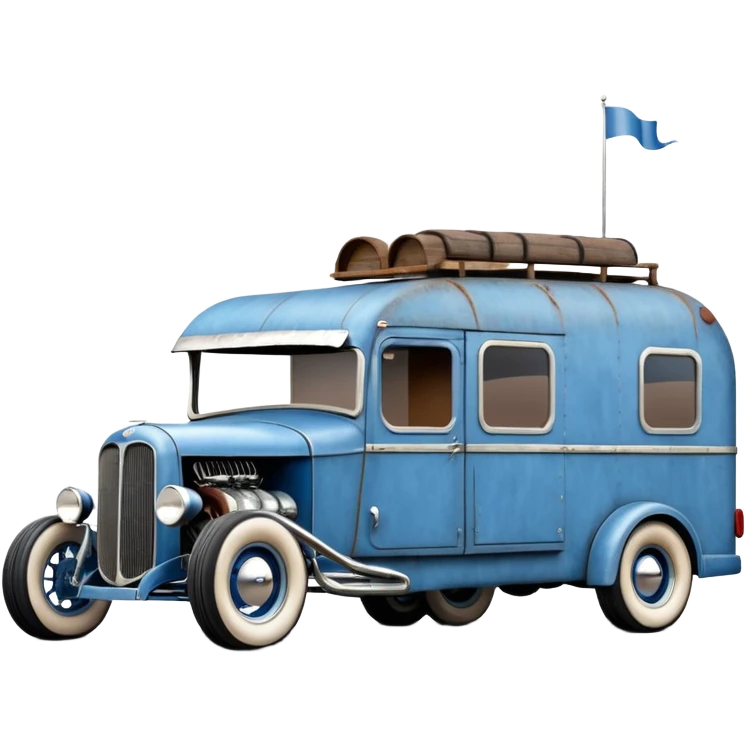 A rat rod 1934 hot rod caravan pulling a large matching trailer, blue and pearl  emoji