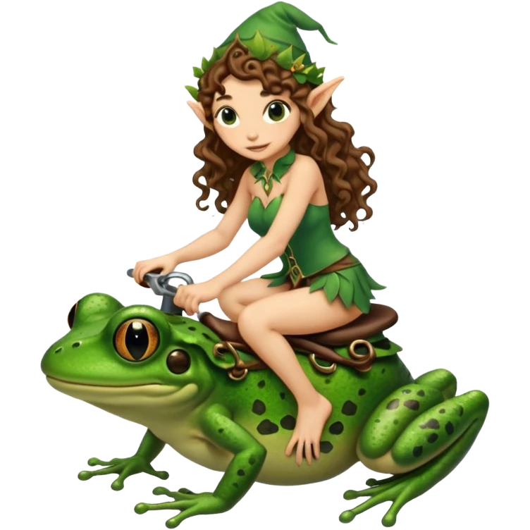 tiny forest elf long curly brown hair tattoos riding frog emoji