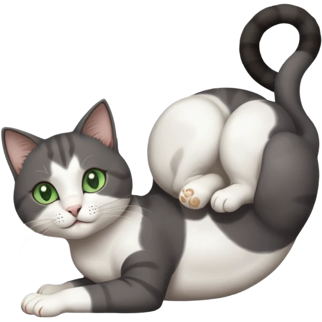 beautiful female solid dark grey cat with green eyes, white toes/paws and white patch on her chest playfully rolling upside down emoji