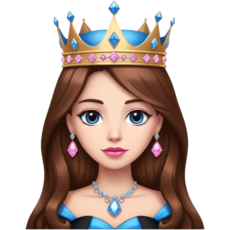 Queen, brown long hair, big crown with pink diamonds, black dress with blue diamonds emoji
