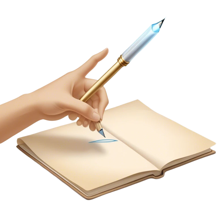 A glowing, slightly transparent hand—representing the future self—emerges from a piece of paper, offering a pen to the present self. The present self’s hand, solid and real, reaches out to take it, symbolizing the moment of choosing action over procrastination, guided by the future self’s wisdom. emoji