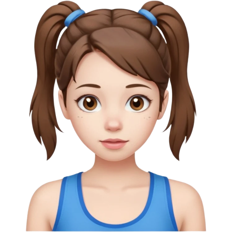 create an emoji of a young woman. She has a nice look, with mid-long brown hair and pigtails, brown eyes, pale skin, natural soft pink lips. she wears a blue tank top with a v opening emoji