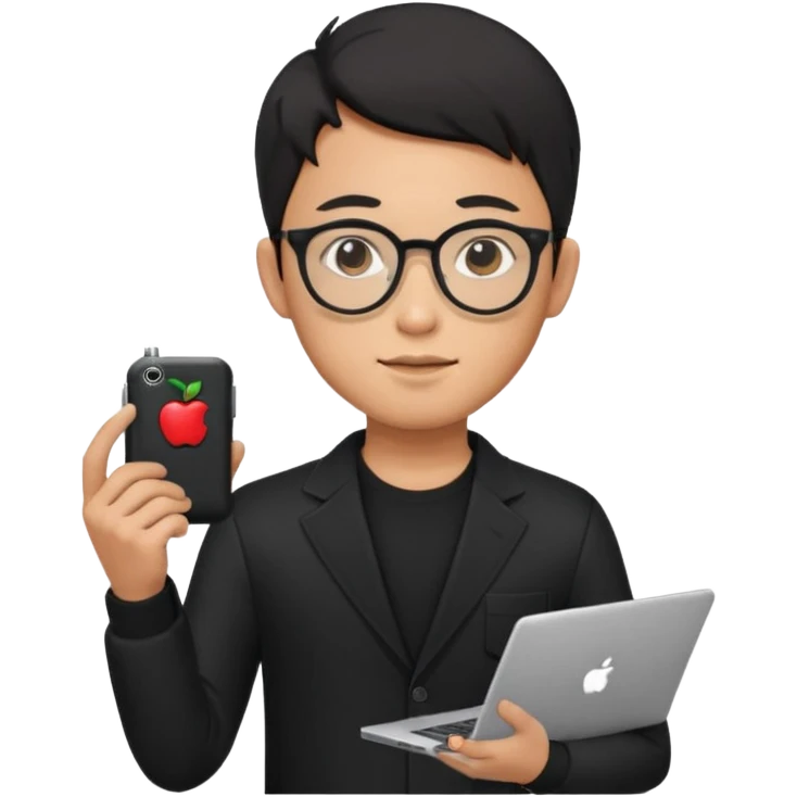 a asia man guy his 20s wearing an apple notebook, wearing bodyguard radio operator, round glasses, blAck clothes emoji