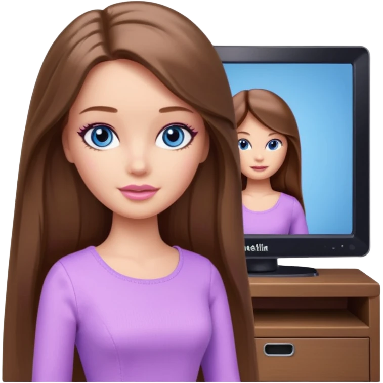 beautiful barbie girl with long brown hair, blue eyes and wearing light purple clothes watching netflix on tv emoji