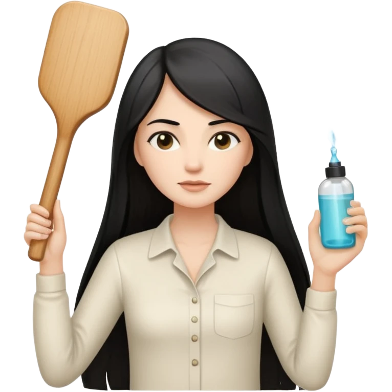 A white woman with long, straight black hair, wearing an ivory-colored shirt, holding a small square wooden paddle hairbrush in her left hand and spraying a hair mist bottle with her right hand toward her hair. emoji