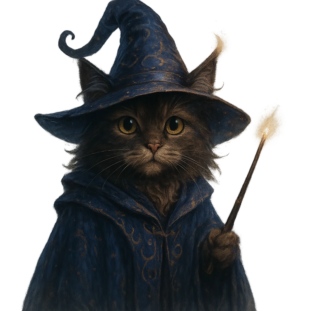 wizard cat wearing a magical hat, holding a wand, mystical fantasy style emoji