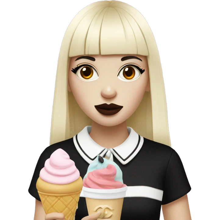 Portrait Girl wearing chanel pale skin with long black  bangs eating icecream  emoji