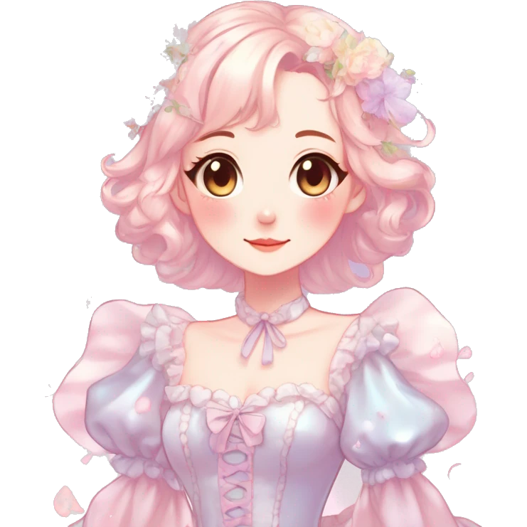 Gorgeous pastel anime style lady with blushing face with flower petals around cute dress  cottagecore fairycore pastelcore shiny colorful pearly petite simplistic aesthetic trending style emoji