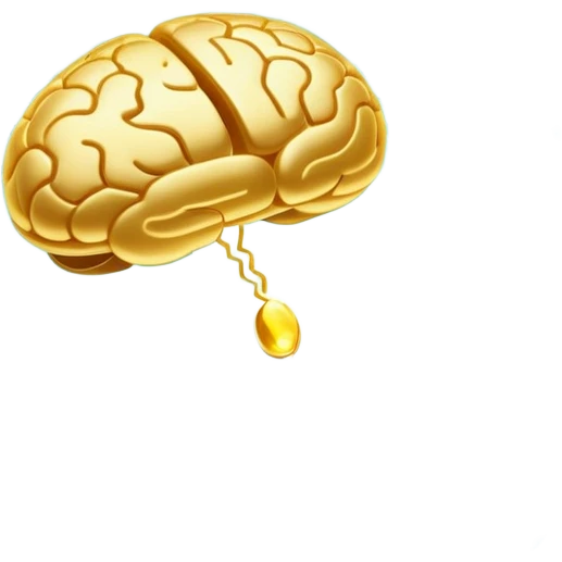 Glowing golden omega pill floating in ethereal blue waves, connected to a luminous brain by streams of light. The brain pulses with enhanced neural activity, with the entire scene having a mystical, flowing quality and soft radiance. emoji