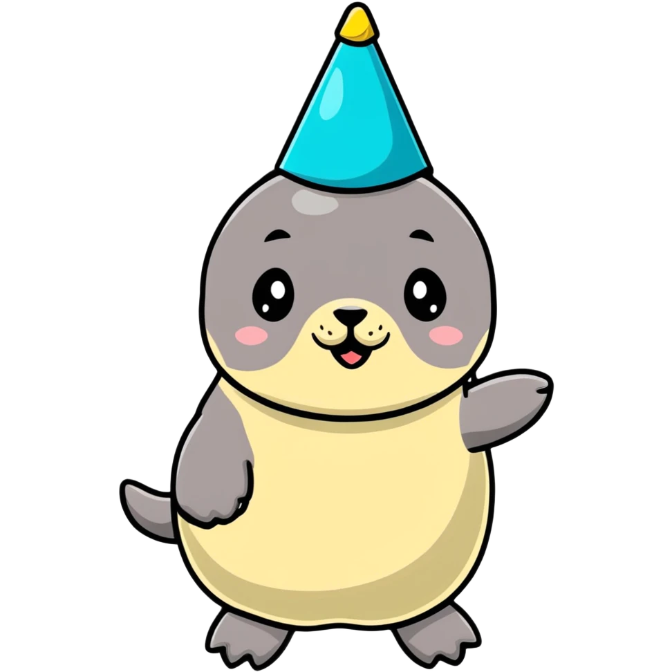 A cute seal wearing a colorful party hat, similar to a sustainable fuel plant logo emoji