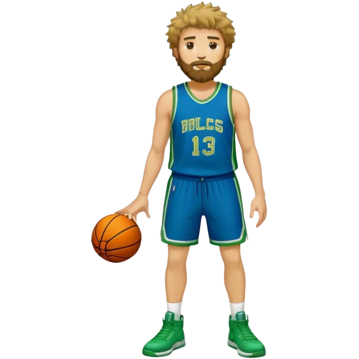full body wHITE MAN WITH GOLD TEE BEARD  SHAGGY HAIR BASKETBALL PLAYER WEARING BLUE AND GREEN UNIFORM emoji