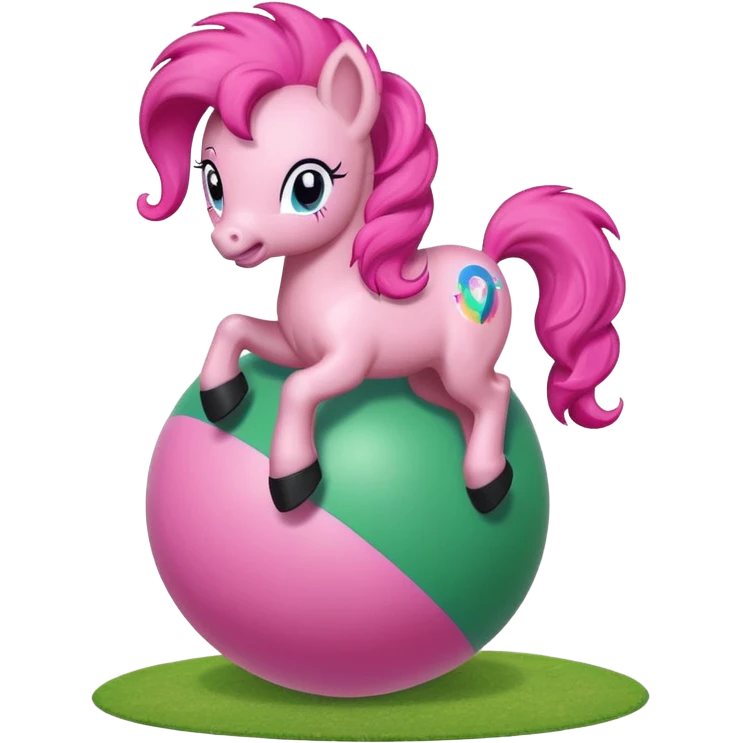 Pinkie Pie pony from My Little Pony happily bouncing on a big colorful ball, cartoon style, bright colors, cheerful expression, background with green meadow or playground emoji