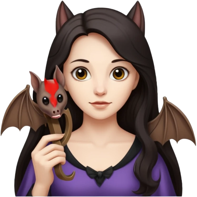 woman with long dark hair holding a horsehoe bat emoji