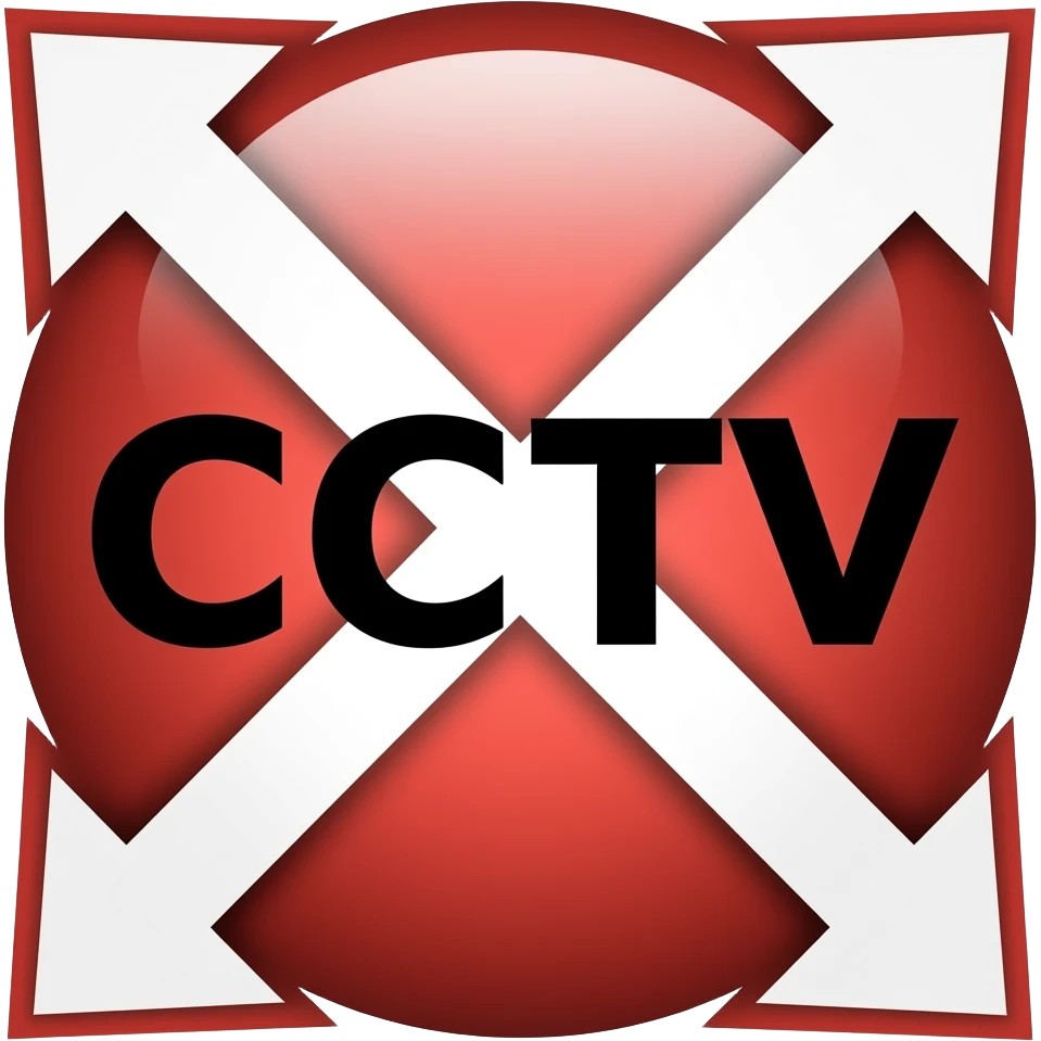 Red filled circle with white X and arrow on all end points on the X. Big CCTV word in the centre in black emoji