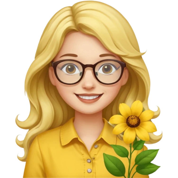 girl with a yellow blouse with flowers, with hair long hair in waves with glasses smiling emoji