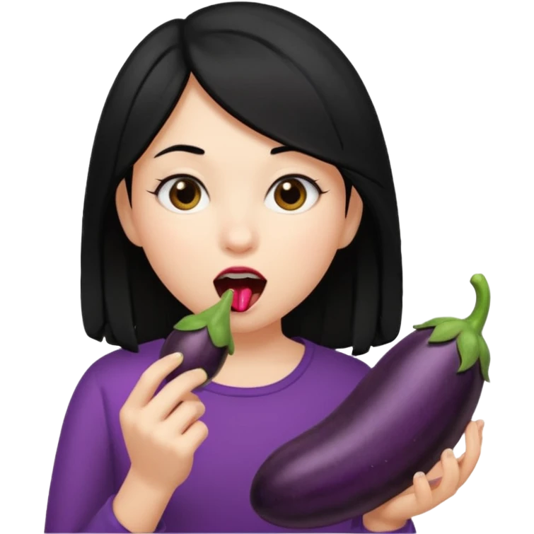 girl black hair with a black hairy eggplant in her mouth emoji