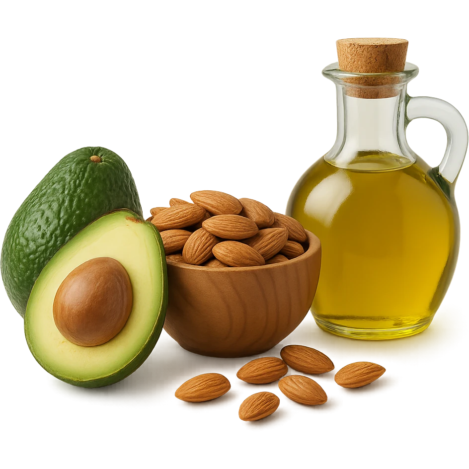 AVOCADO, BOWL DI MANDORLE E OLIO DI OLIVA, iperrealistico 4k, ISOLATA SU SFONDO BIANCO emoji