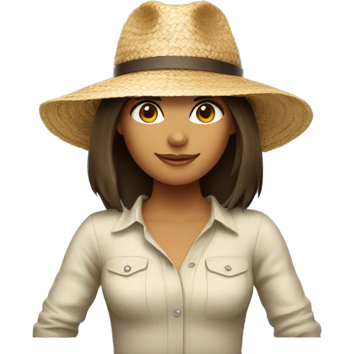 Brunette girl with shoulder length hair wearing straw hat emoji