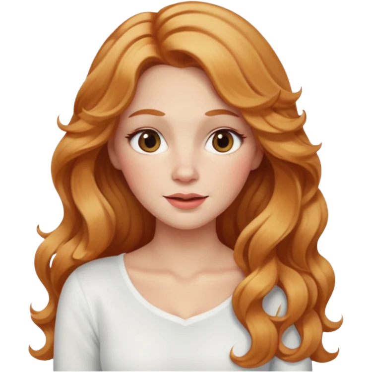 white adult woman with strawberry blonde super long wavy hair, white top, blushed cheeks emoji