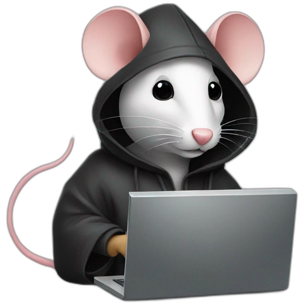 A black mouse with a hood, coding on a computer emoji