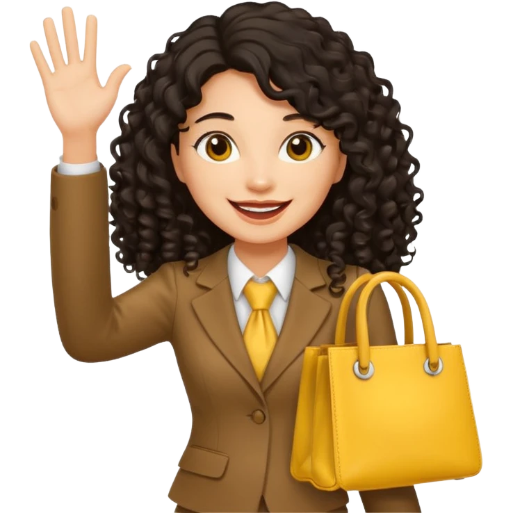 medium deep tan brown business woman with long black curly hair, waving hand with happy face with smile mouth and carrying yellow bag on her shoulder emoji