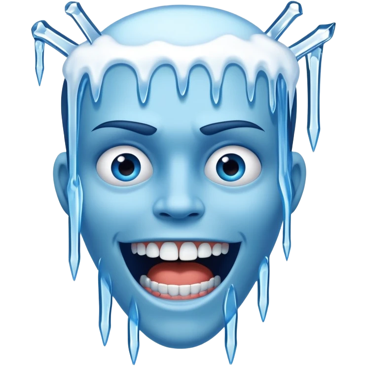 Blue face with chattering teeth, icicles hanging from face, freezing cold expression emoji